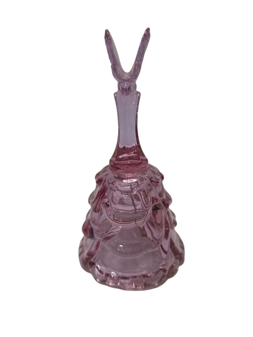 Vintage Pink Glass Lady Bell with Butterfly Handle 6" Tall Figural Collectible